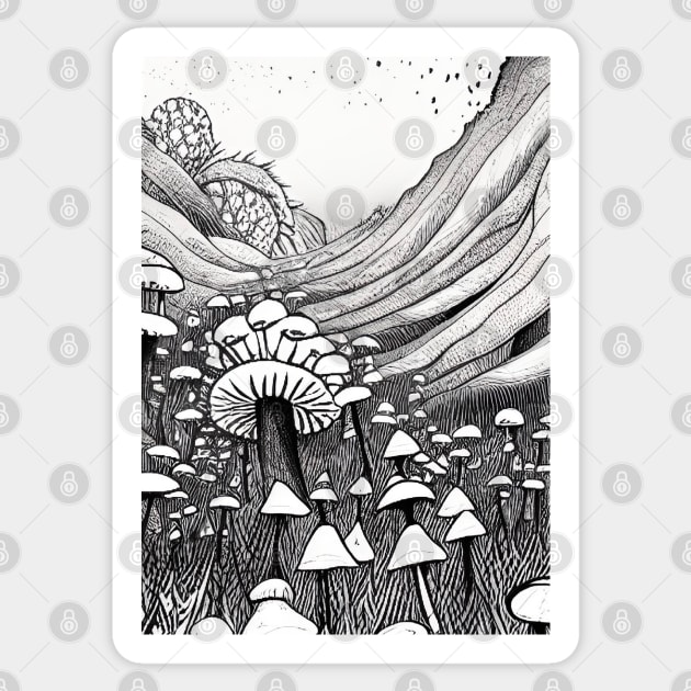 SURREAL INK BLACK AND WHITE BUNCH OF MUSHROOMS Sticker by sailorsam1805